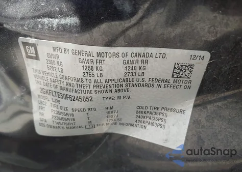 2015 GMC Terrain Slt-2 из США, поврежденный, VIN 2GKFLTE30F6245052